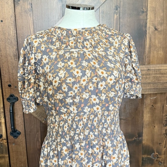 Bohme Brown Floral Praire Puff Sleeve Boho Midi Dress Size M - Picture 5 of 13